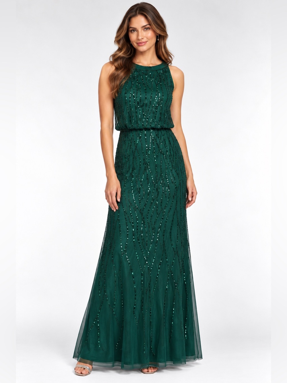Adrianna Papell Size 10 Emerald Green Sequin Beaded Formal Gown NWT GALA MOB